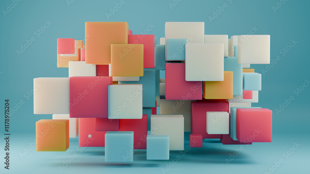 Poster 3d rendering of an array of multicolored cubes on a blue background. abstract illustration in a mini