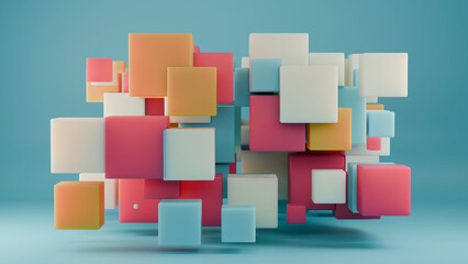 3d rendering of an array of multicolored cubes on a blue background. Abstract illustration in a minimalist style
