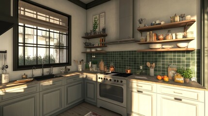 Fototapeta premium A Scandinavian kitchen in grey tones, accented with green tiles on the backsplash, and open shelving, perfectly captured in a 3D render to highlight modern elegance.