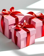 Obraz premium Elegant pink gift boxes adorned with red ribbons and bows arranged beautifully on a white surface