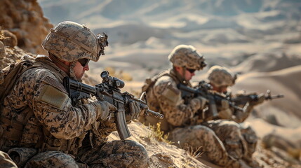 Fototapeta premium Soldiers in Tactical Gear Engaged in Strategic Military Operations in Desert