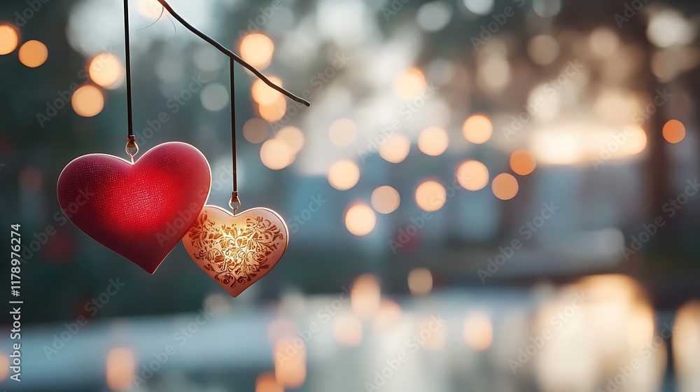 Poster romantic red and gold heart shaped lanterns floating in a misty atmospheric environment with a dream
