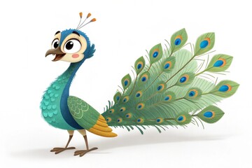 Obraz premium 3D rendered Peacock, animated cartoon-style illustration on a white background.