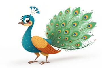 Obraz premium 3D rendered Peacock, animated cartoon-style illustration on a white background.