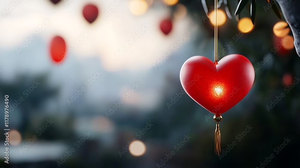 Poster romantic red and gold heart shaped lanterns floating in a misty soft focused atmosphere creating a m