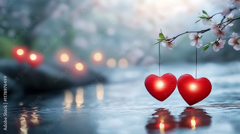Poster romantic red and gold heart shaped lanterns floating on a misty tranquil waterscape creating a seren