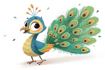Obraz premium 3D rendered Peacock, animated cartoon-style illustration on a white background.