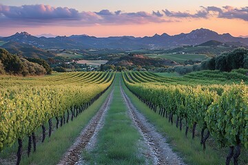 Naklejka premium Vineyard Rows Leading to Distant Mountains at Sunset