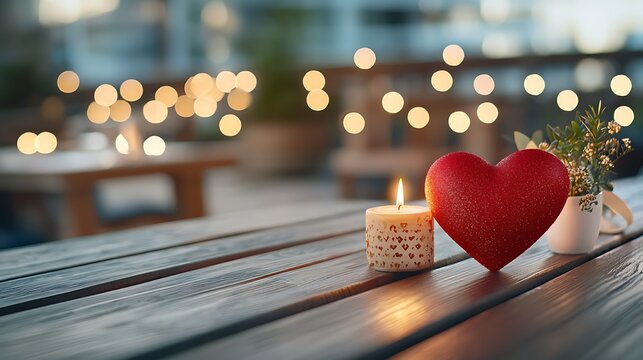 Romantic red heart shaped table centerpiece with glowing golden bokeh lights and a flickering candle creating a cozy and intimate ambiance for a special occasion like Valentine s Day or anniversary