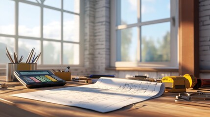 Fototapeta premium Construction engineer workspace featuring blueprints, essential tools, and a calculator for project planning and design.