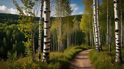 hiking trail,Birch trees on a mountain hiking trail

