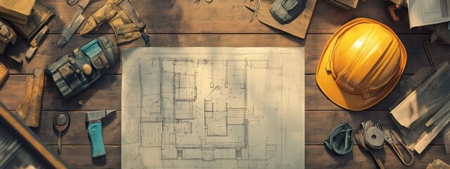 Construction workspace featuring blueprints, tools, and safety equipment, reflecting the dedication and organization of a skilled laborer