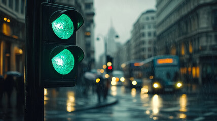 A green traffic light, london with london street blurred in background. © Jarumas