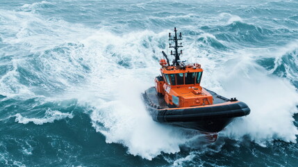 Tugboat Navigating Through Turbulent Waves in Stormy Ocean Conditions
