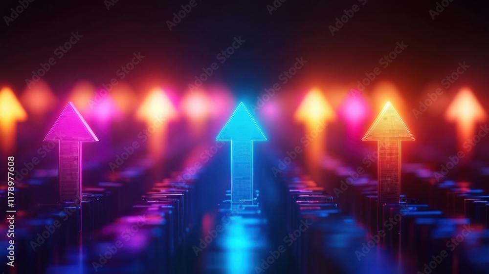 Poster a vibrant array of illuminated arrows pointing upwards against a dark background, symbolizing growth