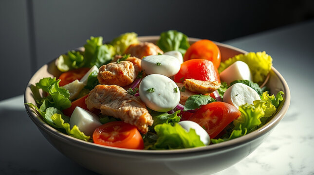 Fresh and healthy chicken salad with mozzarella and tomatoes. Perfect for a light lunch or dinner.