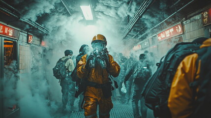Naklejka premium Emergency Response Team in Smoke-Filled Subway Station During Crisis