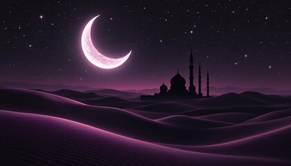 Naklejka premium Serene Night in the Desert: Crescent Moon Over Mosque
