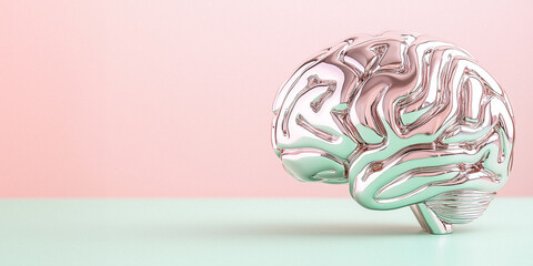 Metallic Brain Model on Two-Tone Background. Banner with Copyspace for Text.