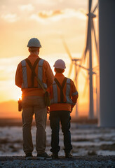 Back view of young maintenance engineers team working in wind turbine farm at sunset, Backlit, with white tones