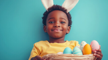 Cute boy with easter eggs and copy space