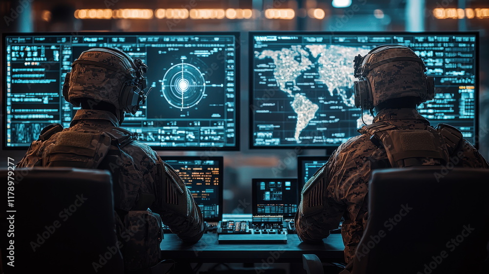 Poster Soldiers Analyzing Data in High-Tech Military Operations Command Center
