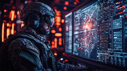 Military Operator Engaged in High-Tech Cyber Warfare Operations in Control Room