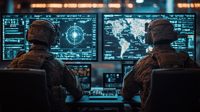 Soldiers Analyzing Data in High-Tech Military Operations Command Center