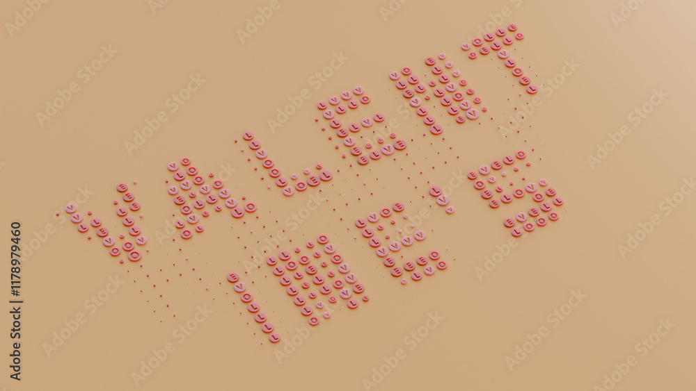 Poster 3d rendering of the text for the valentine's day holiday. the text is assembled from a variety of di