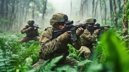 Fototapeta premium Soldiers in Tactical Combat Gear Patrolling Dense Green Forest Environment