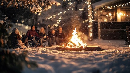 A cozy winter evening with a fire pit surrounded by friends, snow gently falling around them.