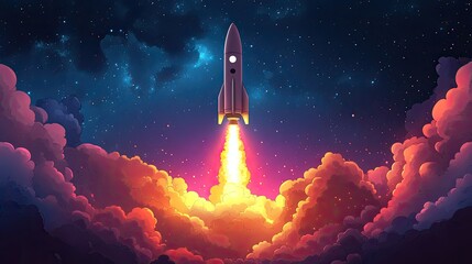 Rocket launching through vibrant nebula clouds, space exploration, startup success concept.