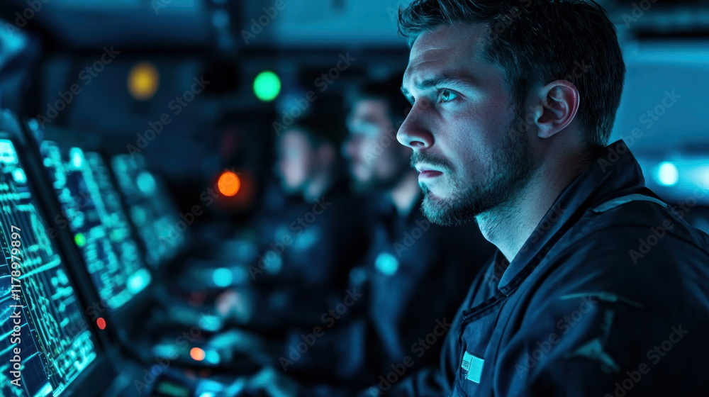 Poster Focused Operator Analyzing Data on High-Tech Control Panel at Night