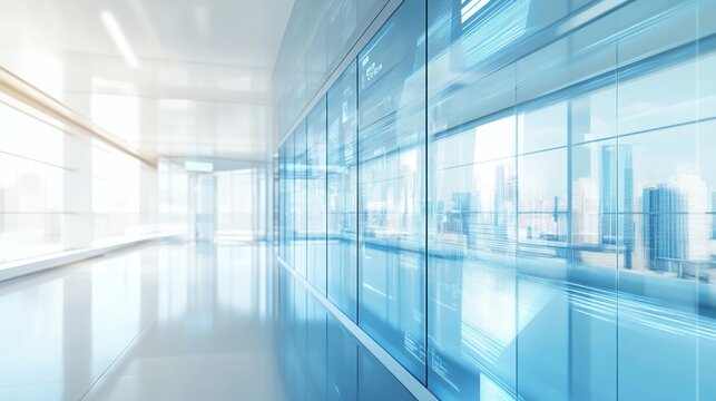 Futuristic glass wall featuring interactive transparent displays, advanced technology elements, sleek design, modern aesthetics