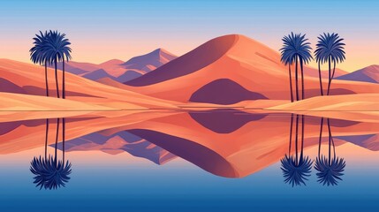 Sunset Oasis: Serene Desert Landscape with Palm Trees Reflecting in Still Waters