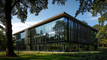 Fototapeta premium Modern glass office building with big trees around to reduce heat and carbon dioxide