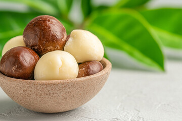 Roasted Macadamia Nuts in a Bowl. Banner with Copyspace for Text.