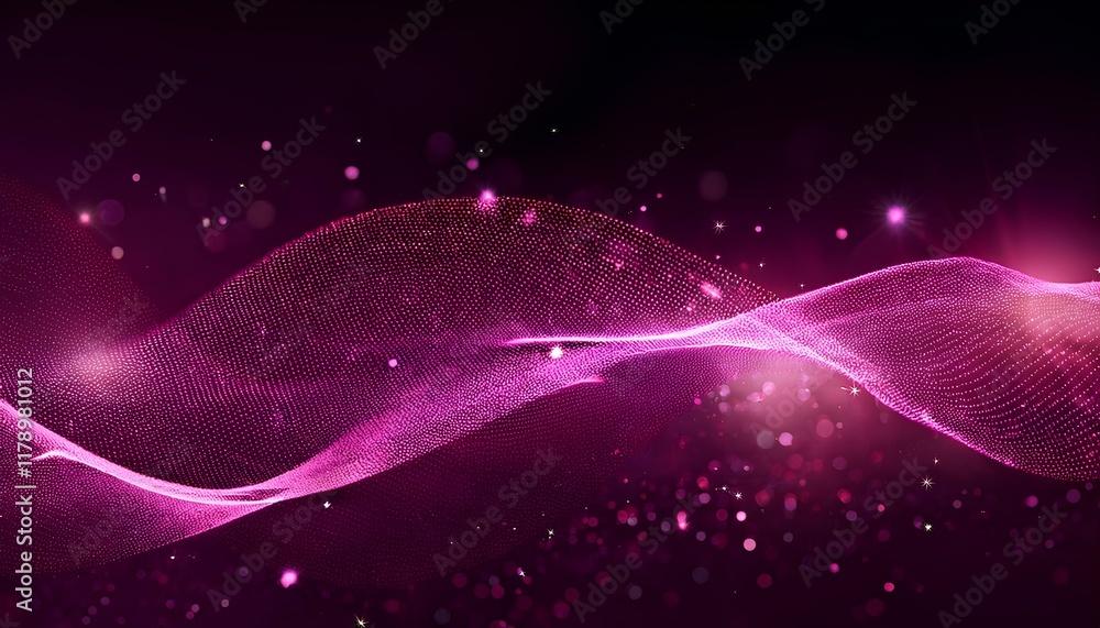 Fototapete Abstract wave particle technology background. Abstract pink background with wavy particle lines on the dark background. 