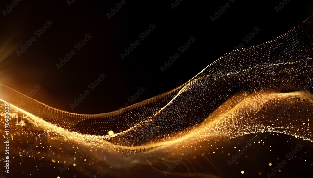Aufkleber Abstract wave particle technology background. Abstract gold background with wavy particle lines on the dark background. 