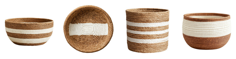 Fototapeta premium Collection of handmade woven baskets and bowls crafted from natural fibers in earthy neutral tones suitable for rustic and bohemian home decor and storage These eco friendly