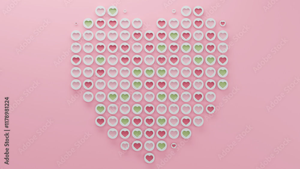 Poster 3d rendering of many small hearts of different colors. the elements form a symbol of love and unity,