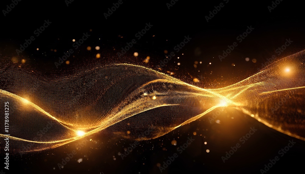 Aufkleber Abstract wave particle technology background. Abstract gold background with wavy particle lines on the dark background. 