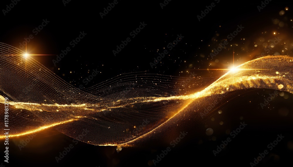 Poster Abstract wave particle technology background. Abstract gold background with wavy particle lines on the dark background. 