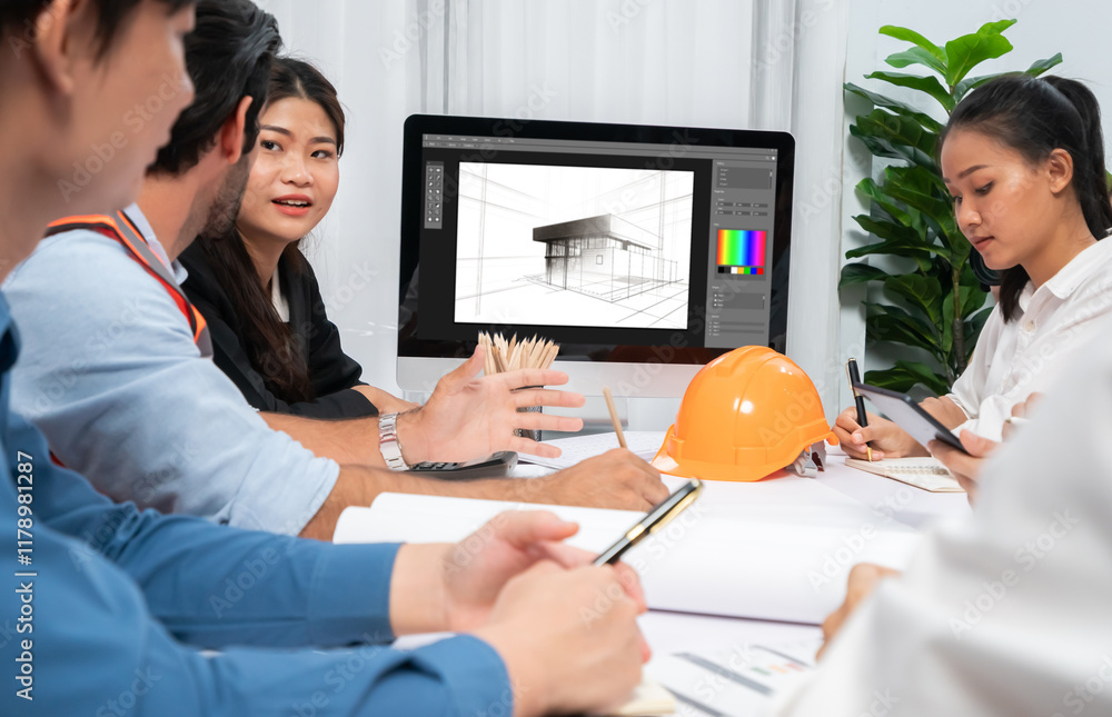 Poster diverse group of civil engineer and client working together on architectural project, reviewing cons