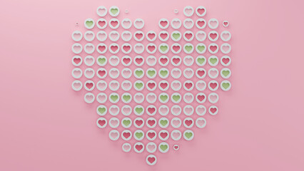 3d rendering of many small hearts of different colors. The elements form a symbol of love and unity, a sign of Valentine's Day, a big kind heart. Valentine's Day Illustration