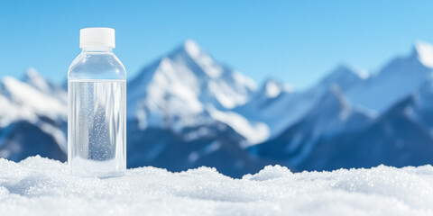 Water Bottle on Snow with Mountain Background. Banner with Copyspace for Text.