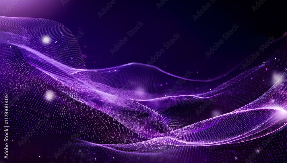 Aufkleber Abstract wave particle technology background. Abstract purple background with wavy particle lines on the dark background. 