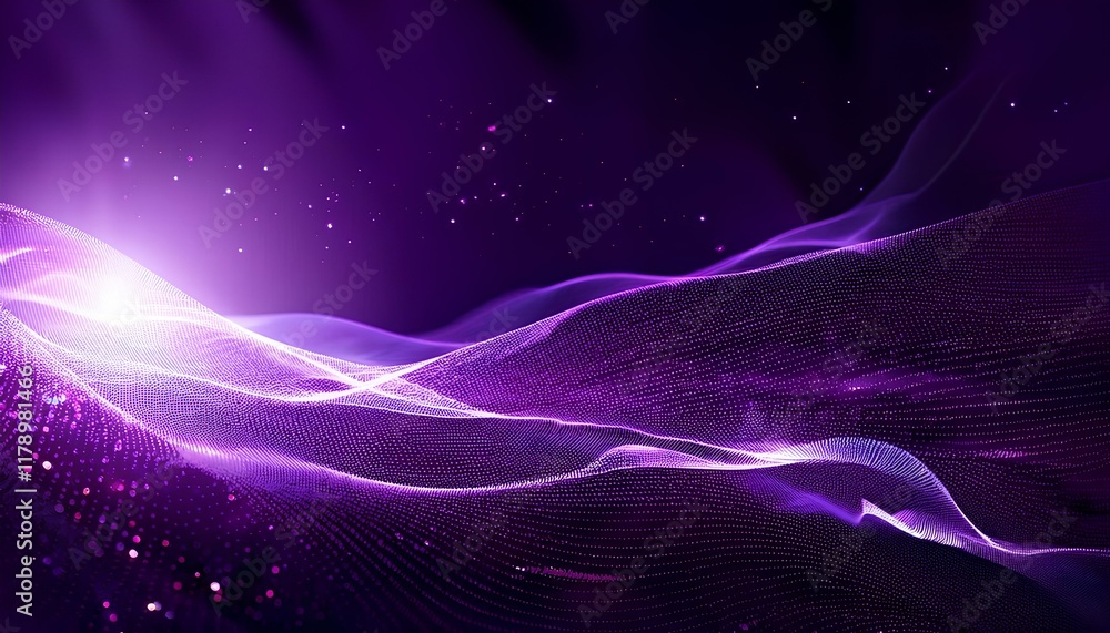 Aufkleber Abstract wave particle technology background. Abstract purple background with wavy particle lines on the dark background. 