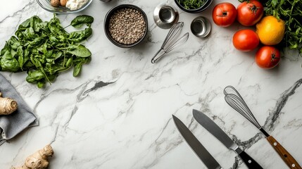 A sleek kitchen countertop with essential cooking utensils like a whisk, knives, and measuring spoons, surrounded by fresh ingredients for a healthy cooking atmosphere.