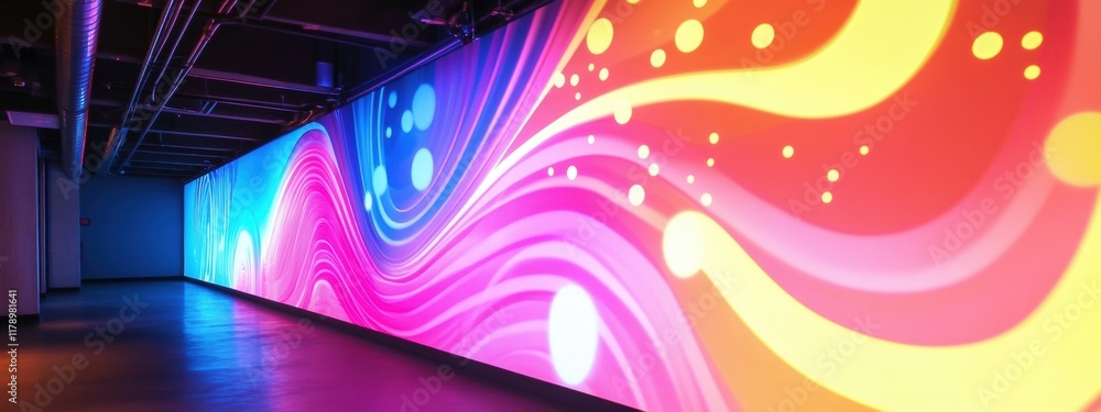 Aufkleber fluorescent glow wall, vibrant patterns radiating light, creating an immersive and dynamic visual ex
